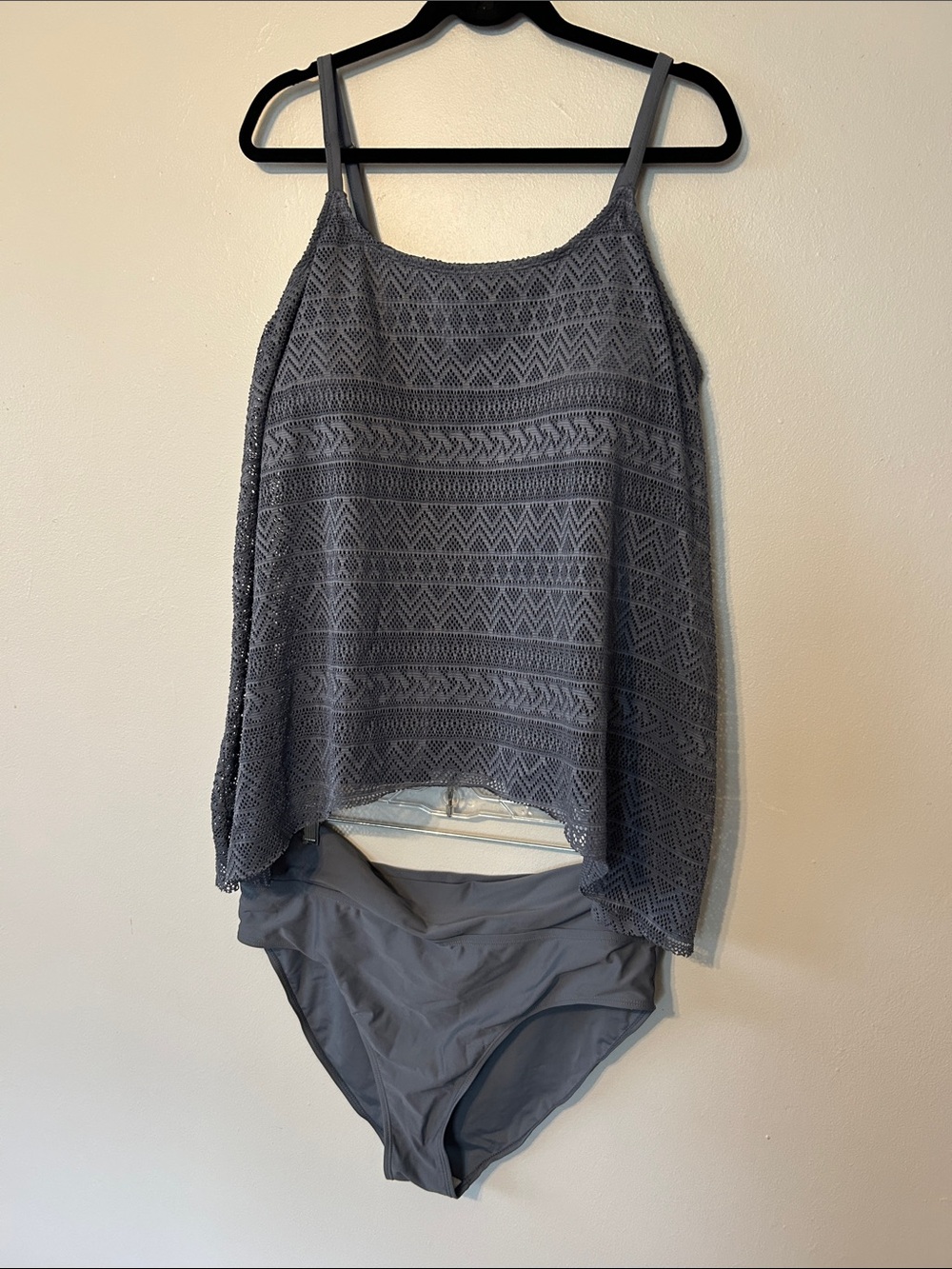 Women’s Gray Crochet Tankini Set - High Waist Swim Bottoms